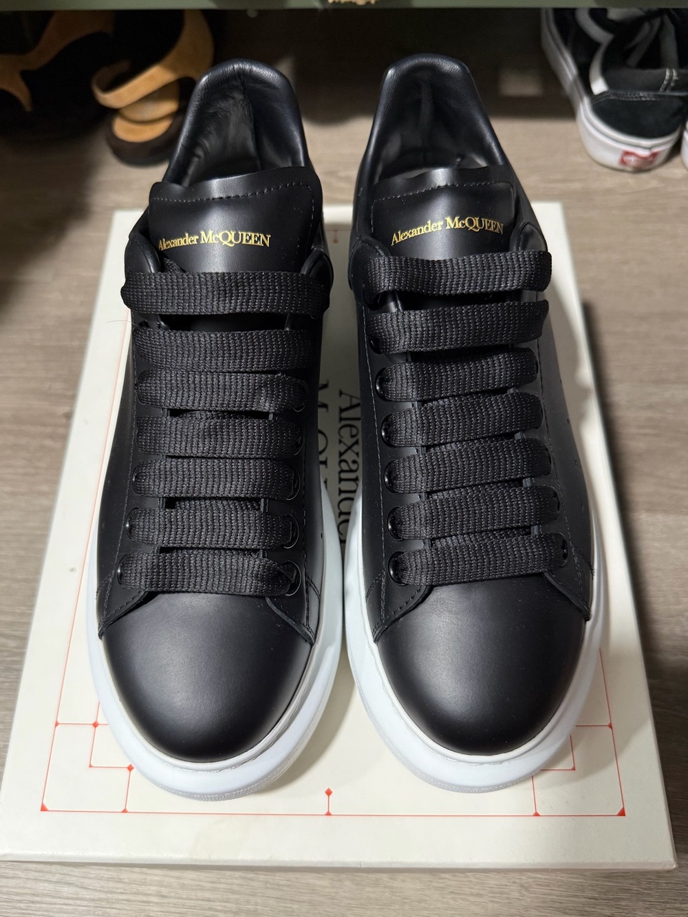 Authentic Alexander McQueen Black Leather Low-Top Sneakers with White Sole